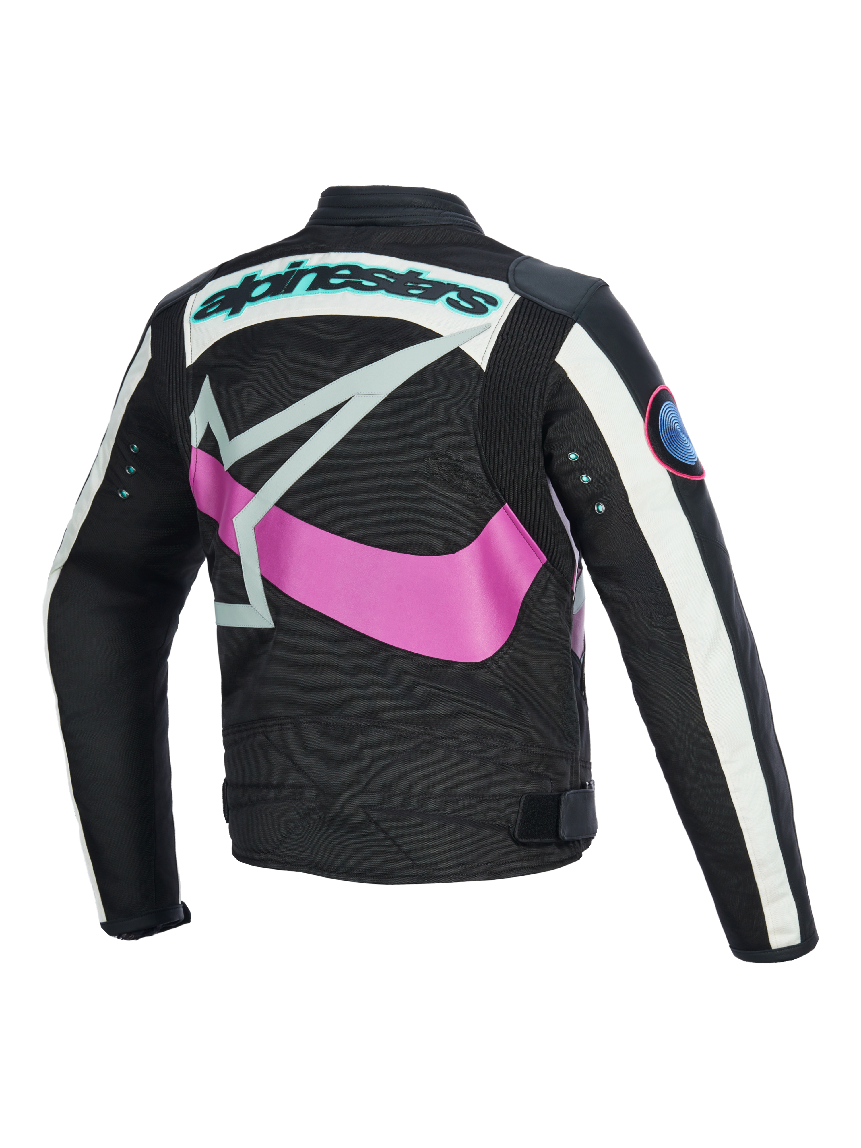 Alpinestars Idles Damenjacke, Rückansicht, Schwarz mit Off-White und Lila, großes pinkfarbenes umlaufendes Stern-Logo, blaugrüne Wortmarke und Metallösen an den Ärmeln, Vintage-inspiriertes Design mit Akkordeon-Paneelen für urbanes Motorradfahren