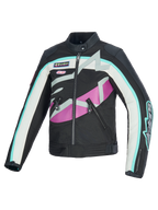 Alpinestars Idles Damenjacke, Motorradjacke, Schwarz, Off-White und Lila, vintage-inspiriertes Design mit markantem umlaufendem Alpinestars-Logo und Marken-Aufnähern, Textil- und Lederkonstruktion, wasserabweisende urbane Fahrausrüstung