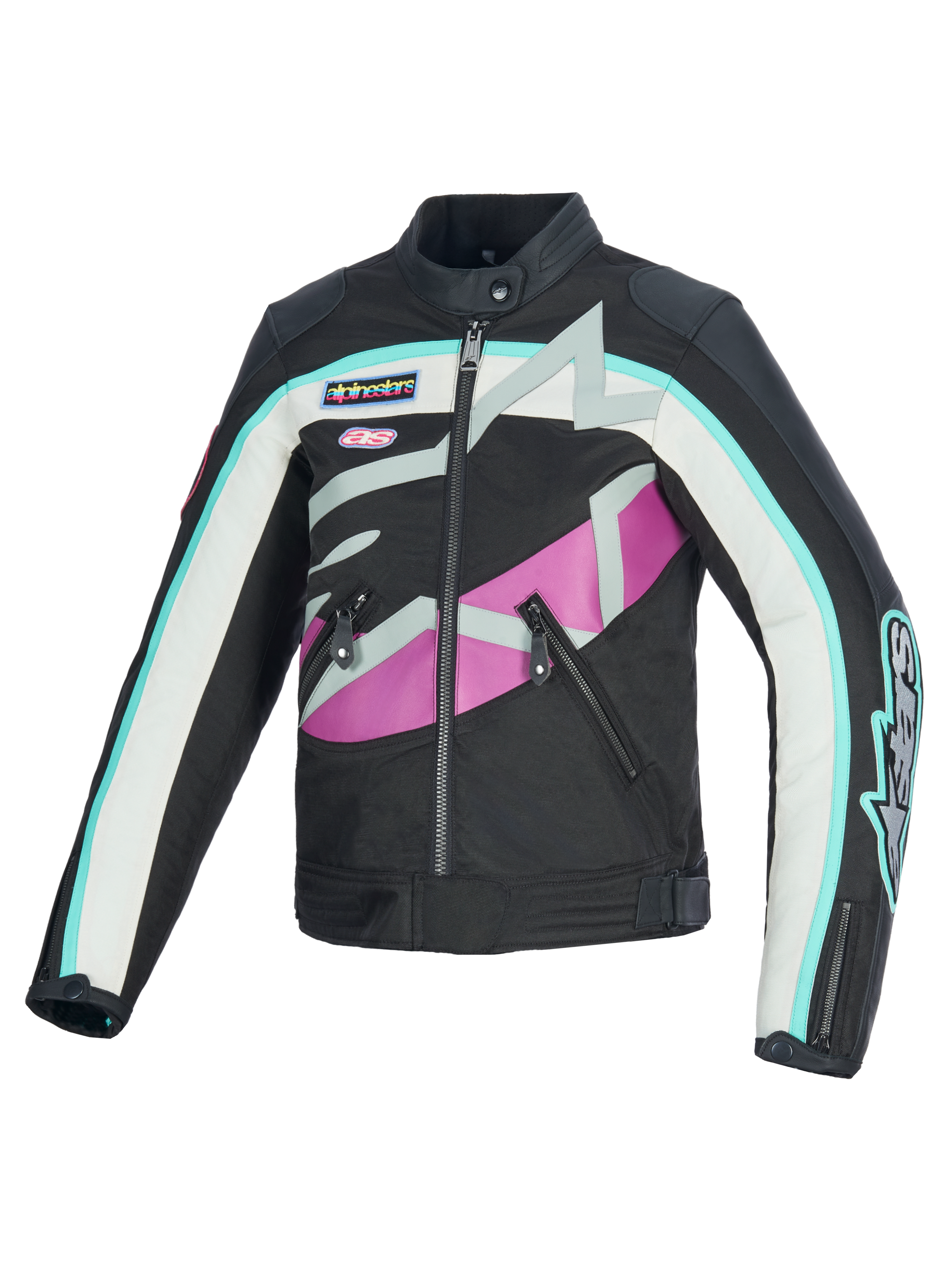 Alpinestars Idles Damenjacke, Motorradjacke, Schwarz, Off-White und Lila, vintage-inspiriertes Design mit markantem umlaufendem Alpinestars-Logo und Marken-Aufnähern, Textil- und Lederkonstruktion, wasserabweisende urbane Fahrausrüstung