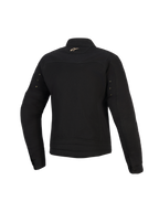 Alpinestars Stella Grace Jacke, Urban-Motorradjacke für Damen, Schwarz, Rückansicht mit einem kleinen goldenen Astar-Logo am Nacken, Metallösen an den Ärmeln und Plisseenähten am unteren Rücken.