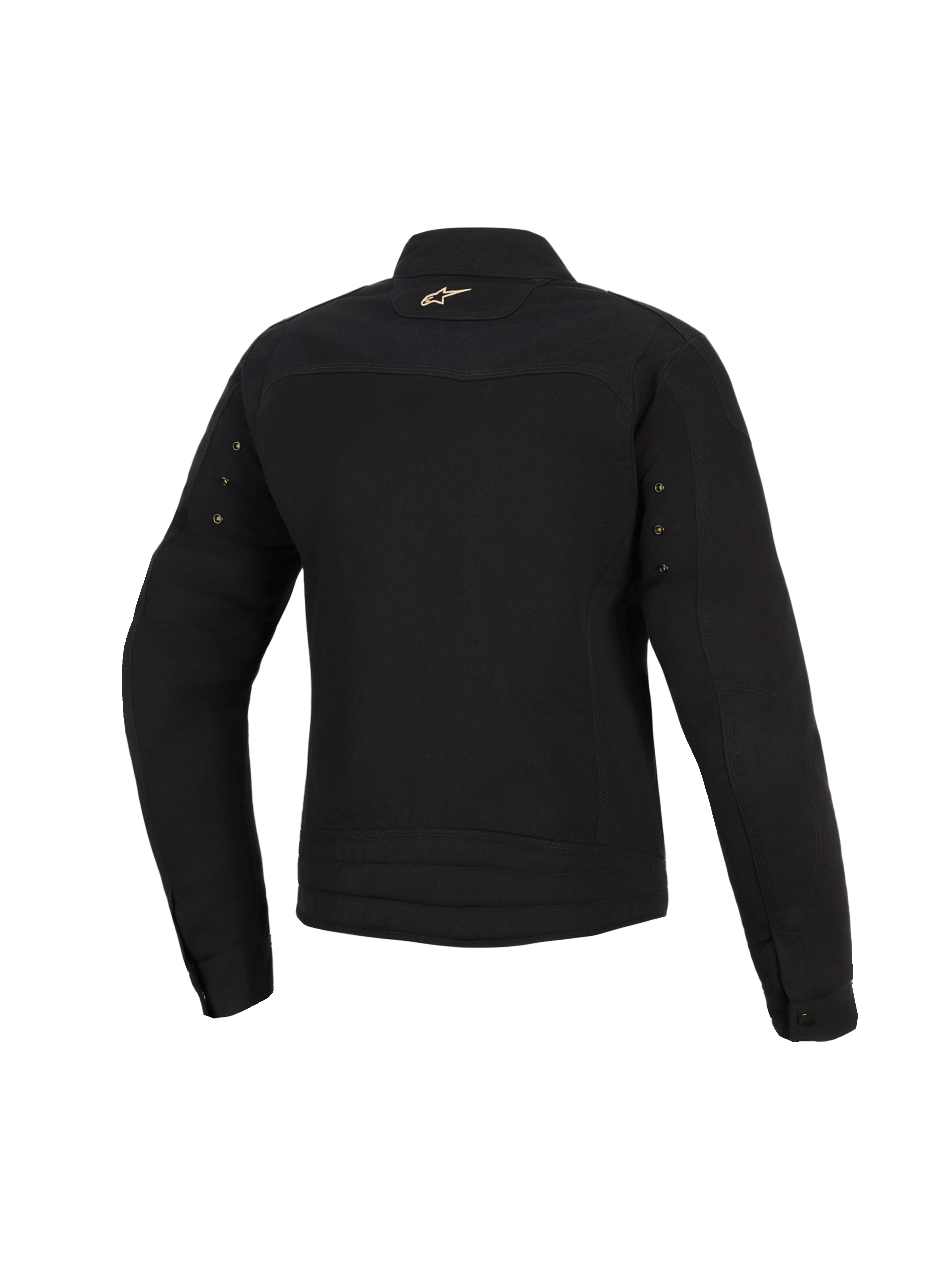 Alpinestars Stella Grace Jacke, Urban-Motorradjacke für Damen, Schwarz, Rückansicht mit einem kleinen goldenen Astar-Logo am Nacken, Metallösen an den Ärmeln und Plisseenähten am unteren Rücken.