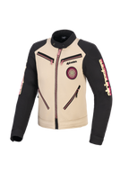 Alpinestars Stella Grace Jacket, Women's Motorcycle Jacket, Aluminum and Black with pink zipper accents, front view showing urban workwear-inspired design, spiral Oscar patch on chest, Alpinestars branding on sleeves.