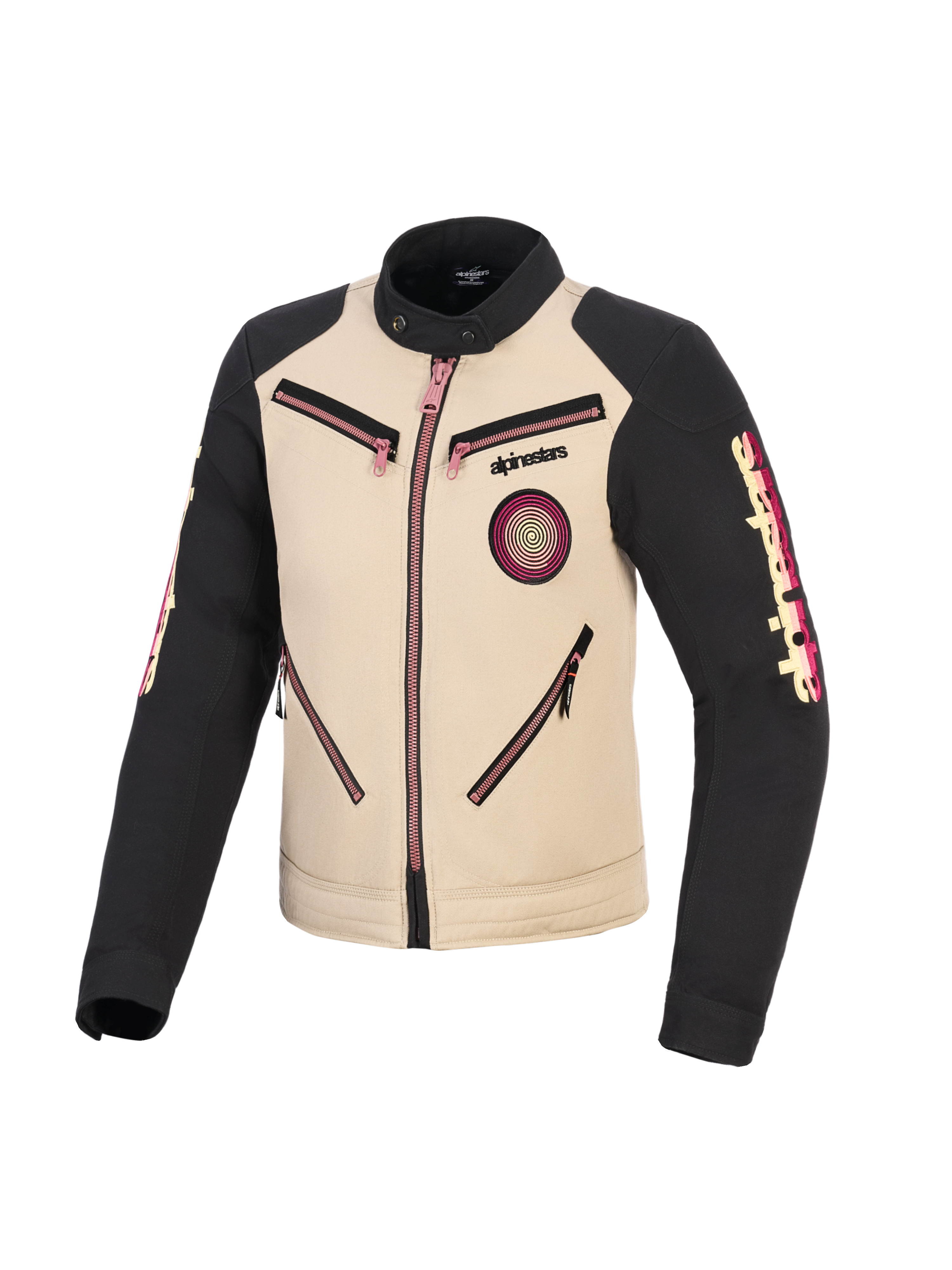 Alpinestars Stella Grace Jacket, Women's Motorcycle Jacket, Aluminum and Black with pink zipper accents, front view showing urban workwear-inspired design, spiral Oscar patch on chest, Alpinestars branding on sleeves.