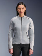 Alpinestars Woman Stella C-1 Air Jacket, Women's Motorcycle Mesh Jacket, Silver, featuring breathable tech mesh panels and black zippers, slim fit summer riding gear worn by a model
