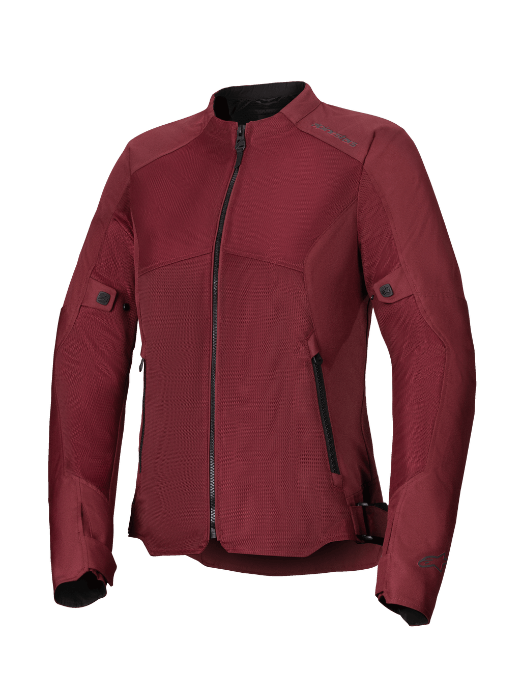 Alpinestars Stella C-1 Air Damenjacke, Motorradjacke in Burgund, mit großen Tech-Mesh-Einsätzen für Luftzirkulation, schwarzem Frontreißverschluss, Reißverschlusstaschen sowie verstellbaren Taillen- und Ärmelriegeln, konzipiert für Fahrten in der Stadt