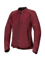 Alpinestars Stella C-1 Air Damenjacke, Motorradjacke in Burgund, mit großen Tech-Mesh-Einsätzen für Luftzirkulation, schwarzem Frontreißverschluss, Reißverschlusstaschen sowie verstellbaren Taillen- und Ärmelriegeln, konzipiert für Fahrten in der Stadt