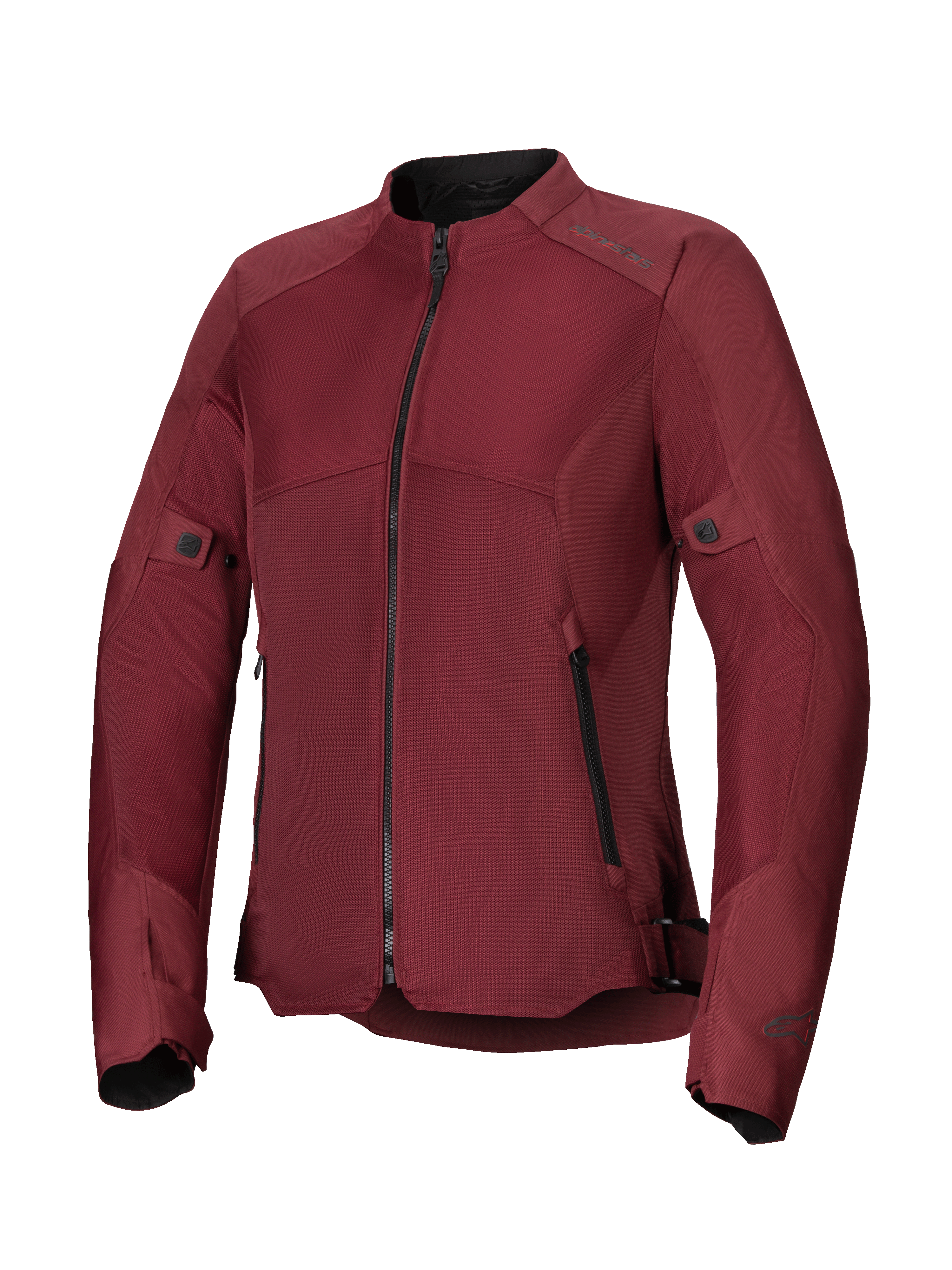 Alpinestars Stella C-1 Air Damenjacke, Motorradjacke in Burgund, mit großen Tech-Mesh-Einsätzen für Luftzirkulation, schwarzem Frontreißverschluss, Reißverschlusstaschen sowie verstellbaren Taillen- und Ärmelriegeln, konzipiert für Fahrten in der Stadt