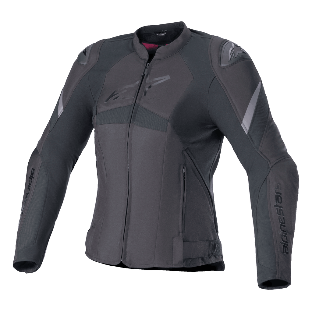 Alpinestars Stella T-GP Plus R V4 Jacket, Women's Textile Motorcycle Jacket, Black, featuring a fitted sport design, zippered front, external shoulder protectors, and subtle logo details on the chest and sleeves.