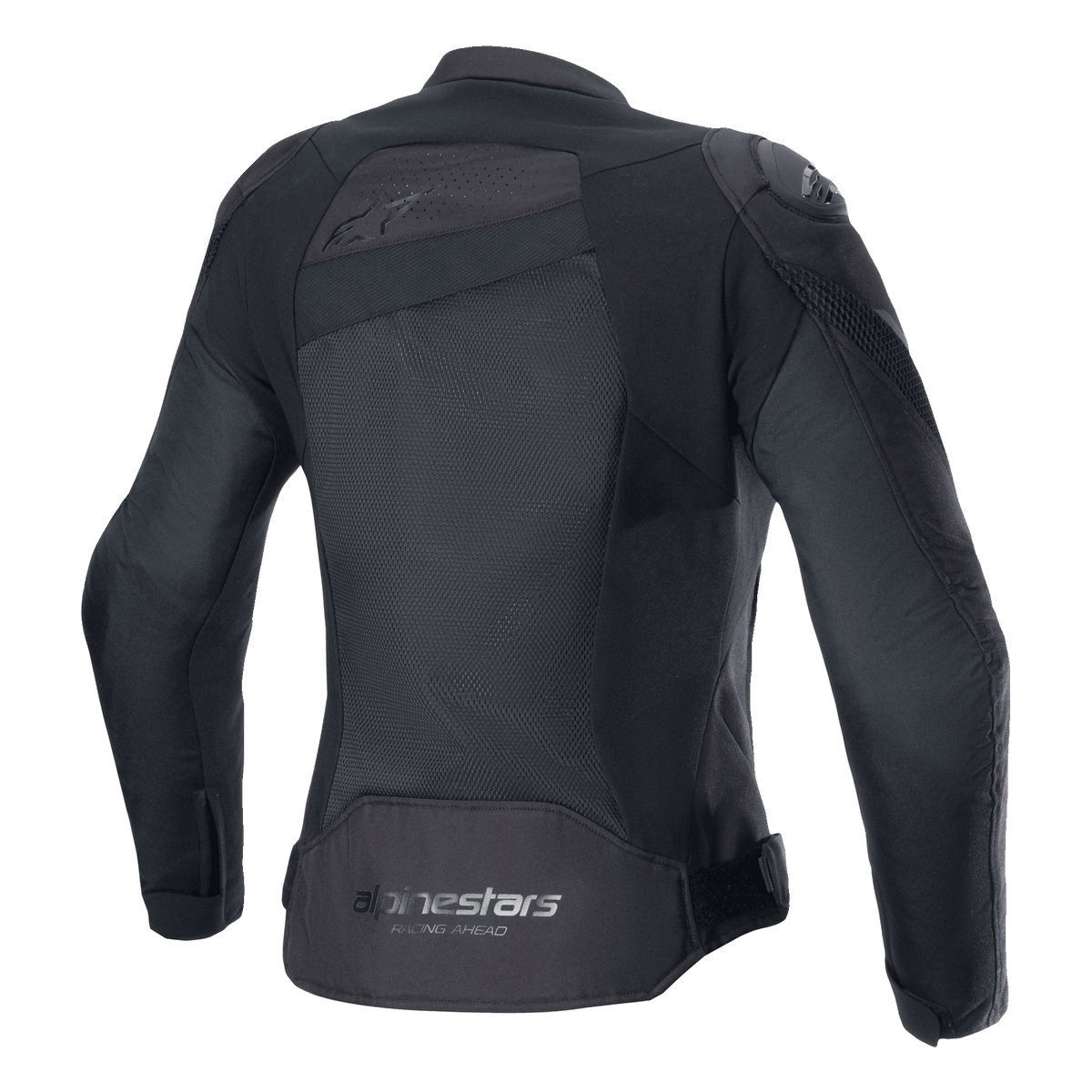 Alpinestars Stella T-GP Plus R V4 Airflow Jacket, Black, back view featuring large mesh panels for maximum airflow, 'Alpinestars Racing Ahead' branding on lower back, women's sport textile motorcycle jacket
