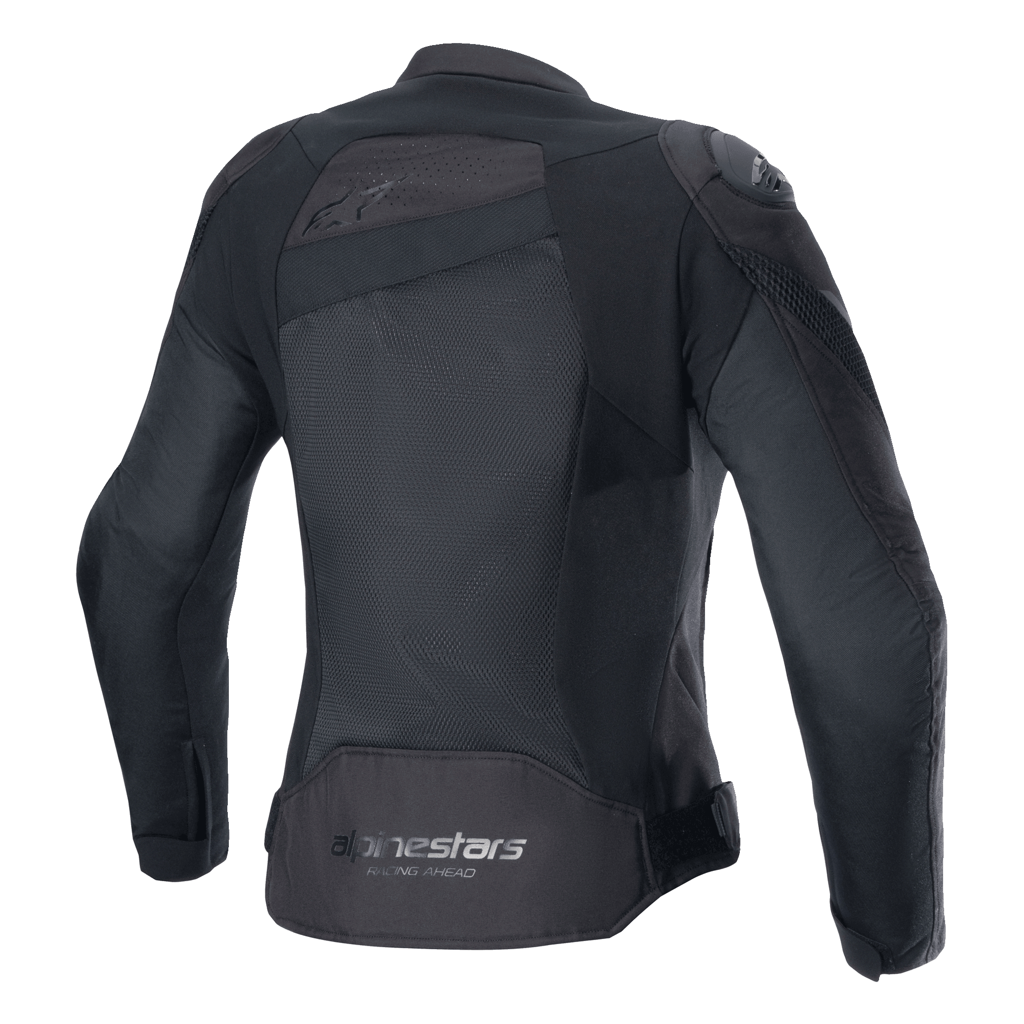 Alpinestars Stella T-GP Plus R V4 Airflow Jacket, Black, back view featuring large mesh panels for maximum airflow, 'Alpinestars Racing Ahead' branding on lower back, women's sport textile motorcycle jacket