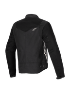 Alpinestars Stella T-Dyno Air Jacket, Women's Motorcycle Jacket, Black, rear three-quarter view featuring extended 3D mesh panels on the yoke and sleeves, white Alpinestars logo, and tailored textile construction for summer riding