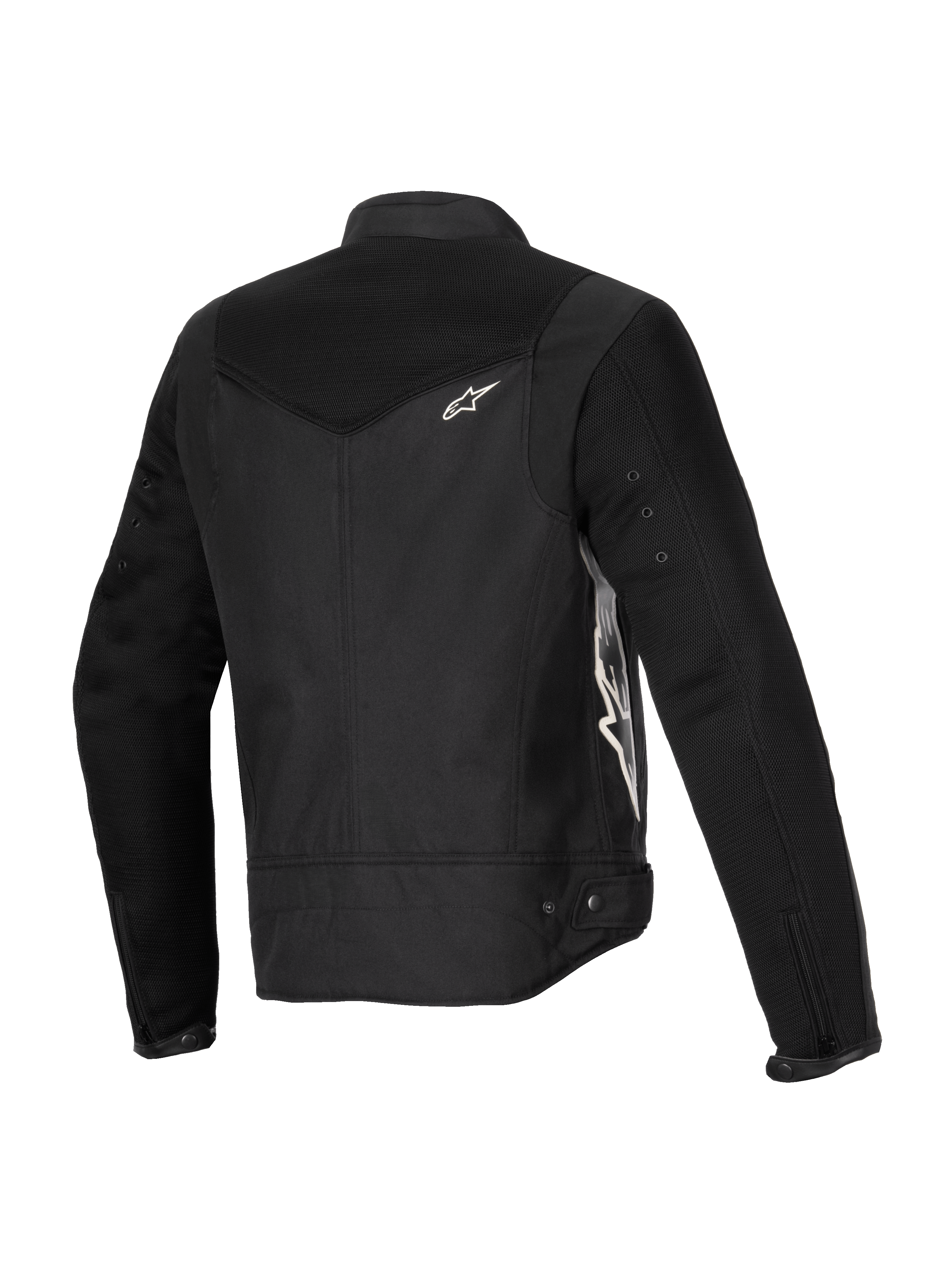 Alpinestars Stella T-Dyno Air Jacket, Women's Motorcycle Jacket, Black, rear three-quarter view featuring extended 3D mesh panels on the yoke and sleeves, white Alpinestars logo, and tailored textile construction for summer riding