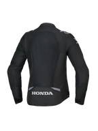 Alpinestars Honda Stella T-SPS Air V2 Damenjacke, Rückansicht, Schwarz mit dunkelgrauen und eisgrauen Akzenten, großer Tech-Mesh-Rückeneinsatz, weißes Honda-Logo am unteren Rücken, leistungsorientierte frauenspezifische Passform