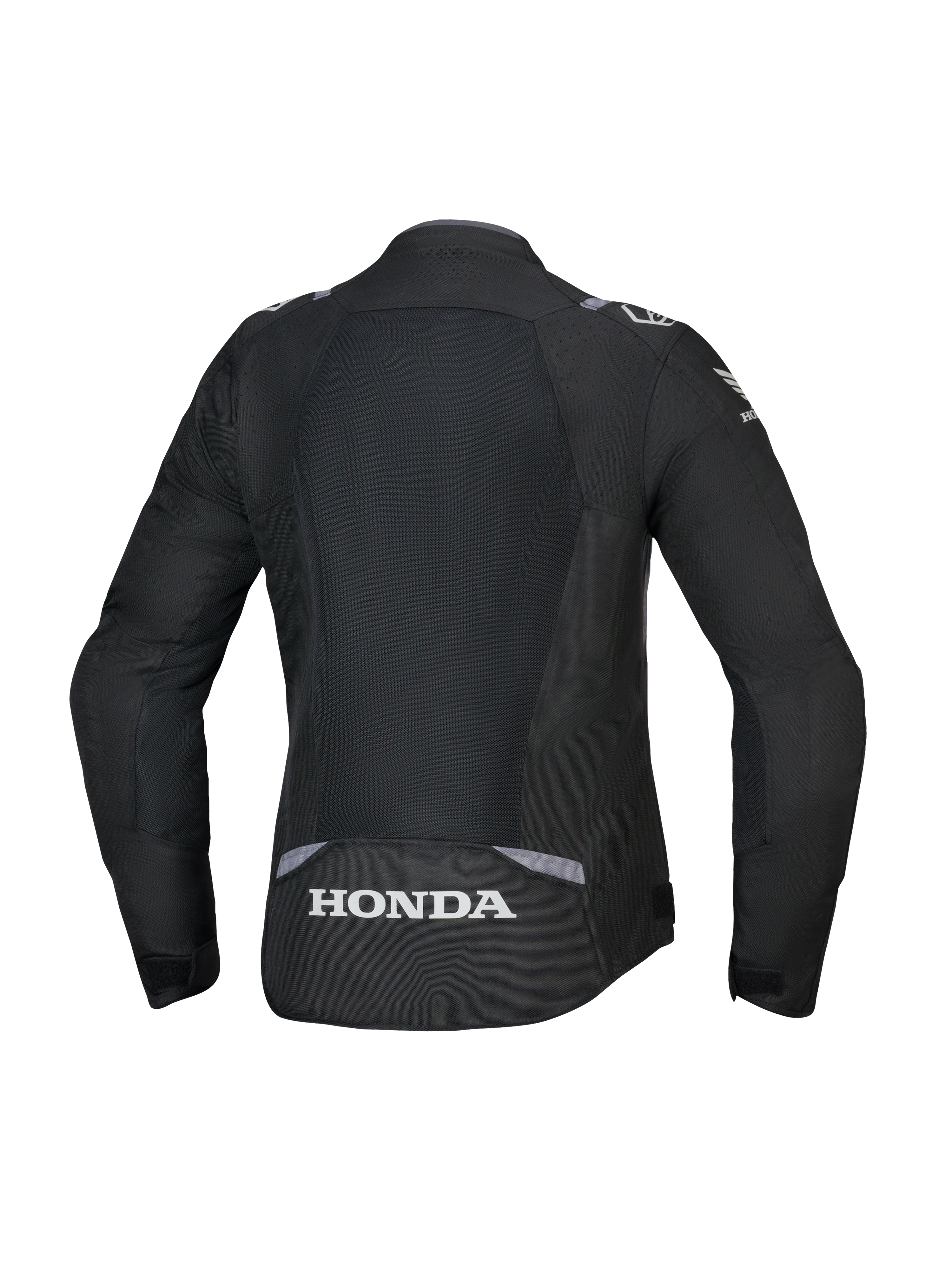 Alpinestars Honda Stella T-SPS Air V2 Damenjacke, Rückansicht, Schwarz mit dunkelgrauen und eisgrauen Akzenten, großer Tech-Mesh-Rückeneinsatz, weißes Honda-Logo am unteren Rücken, leistungsorientierte frauenspezifische Passform