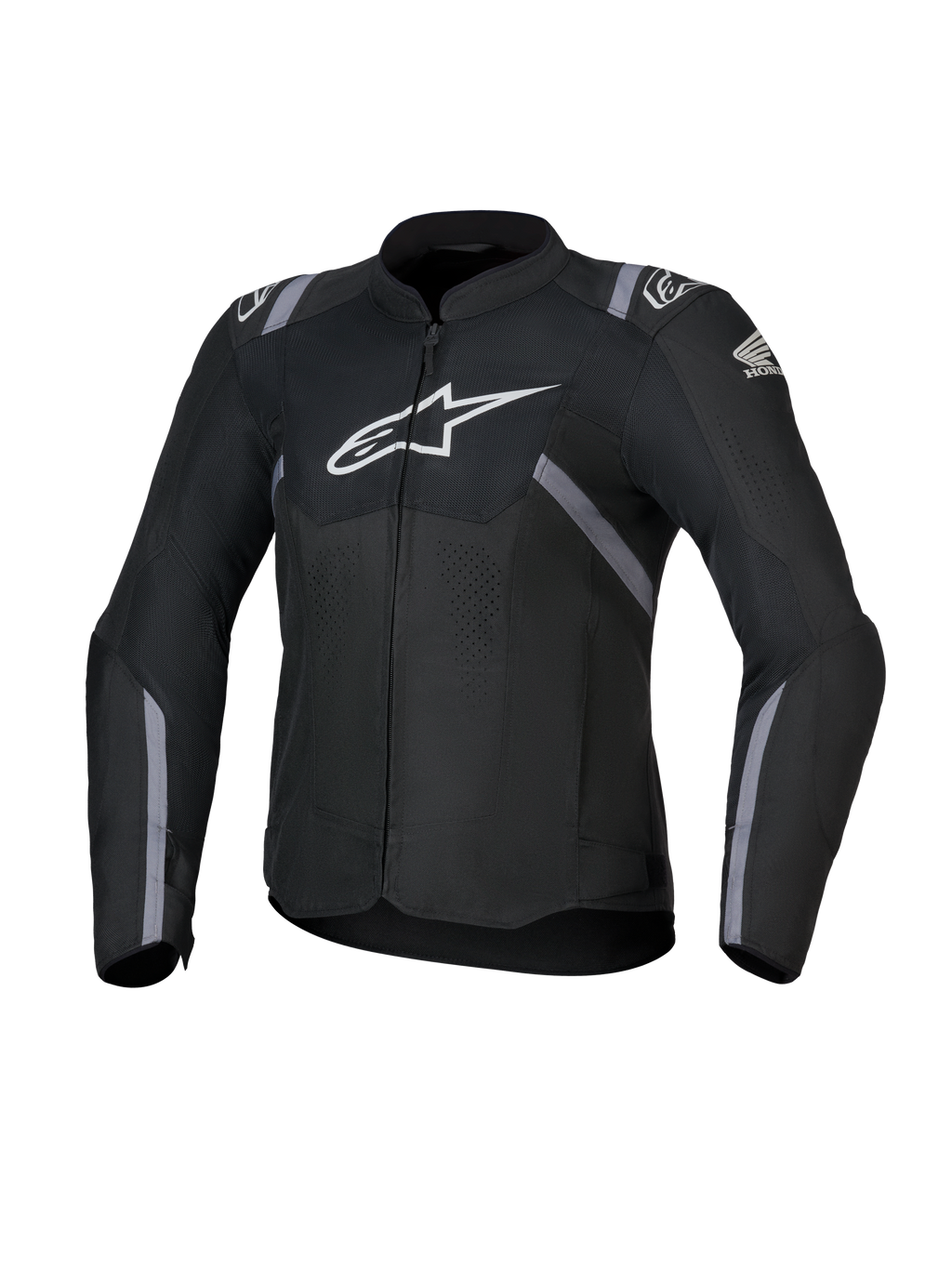 Alpinestars Honda Damen Stella T-SPS Air V2 Jacke, Textil-Motorradjacke für Frauen, Schwarz mit weißen Alpinestars und Honda Logos, graue Streifenakzente, perforierte Mesh-Einsätze für Luftzirkulation, sportliche Passform