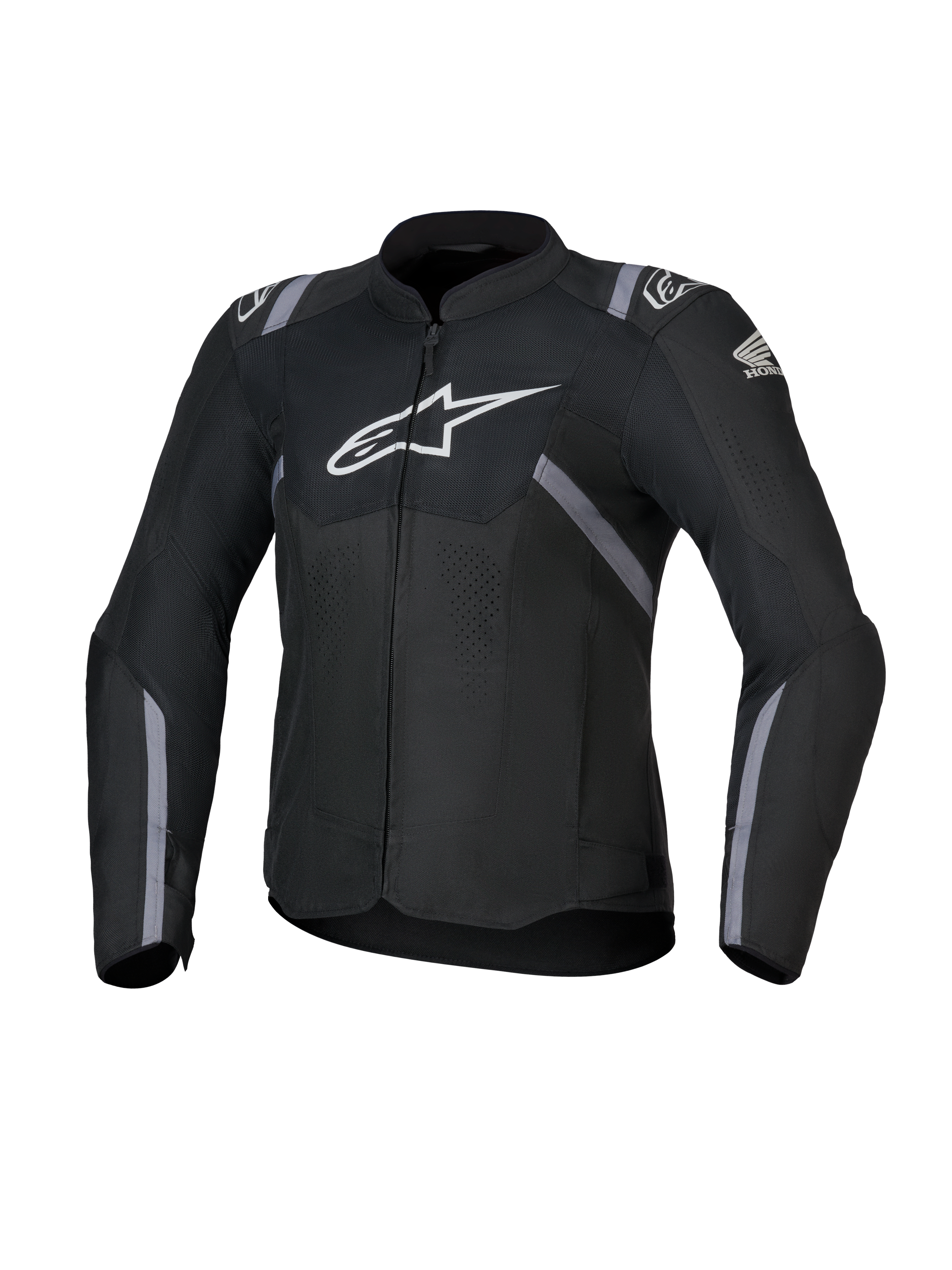 Alpinestars Honda Damen Stella T-SPS Air V2 Jacke, Textil-Motorradjacke für Frauen, Schwarz mit weißen Alpinestars und Honda Logos, graue Streifenakzente, perforierte Mesh-Einsätze für Luftzirkulation, sportliche Passform