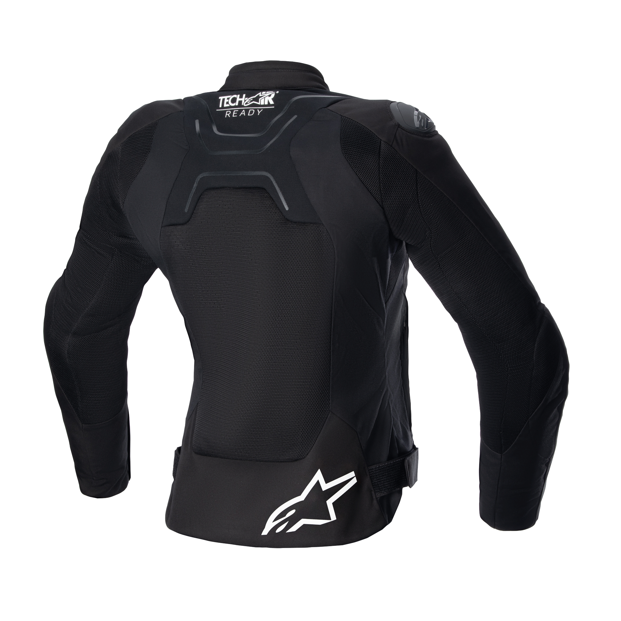 Alpinestars Women Stella SMX Air Jacket, Rear View, Black, featuring mesh back panels for airflow, Tech-Air Ready branding on upper back, white Alpinestars star logo on lower back, waist adjustment straps, street sport textile motorcycle jacket