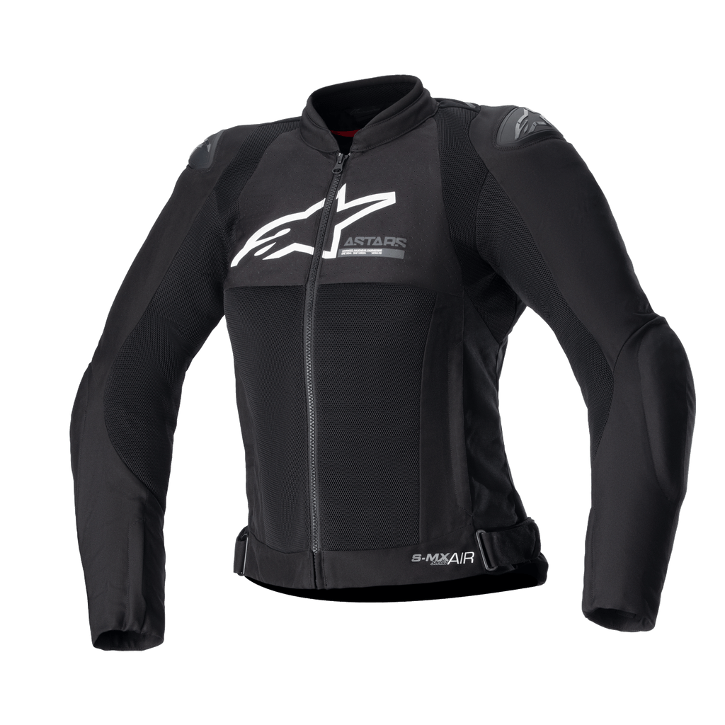 Alpinestars Women Stella SMX Air Jacket, Black textile and mesh motorcycle jacket, white logo on chest, front zipper, high collar, external shoulder sliders, breathable mesh construction, sporty design for summer riding