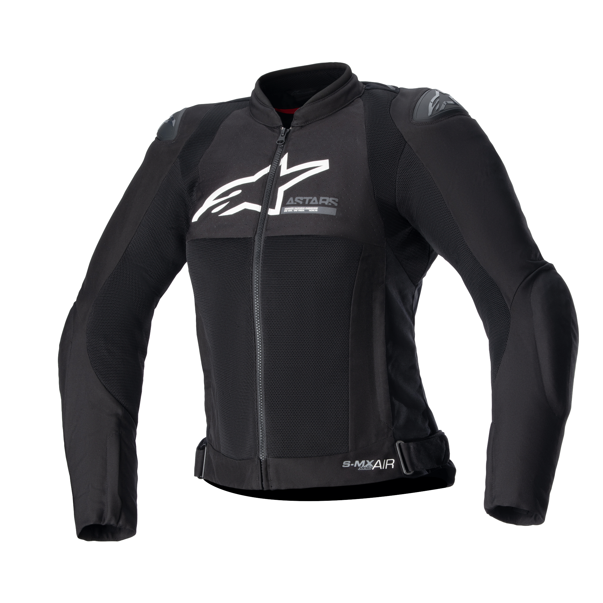 Alpinestars Women Stella SMX Air Jacket, Black textile and mesh motorcycle jacket, white logo on chest, front zipper, high collar, external shoulder sliders, breathable mesh construction, sporty design for summer riding