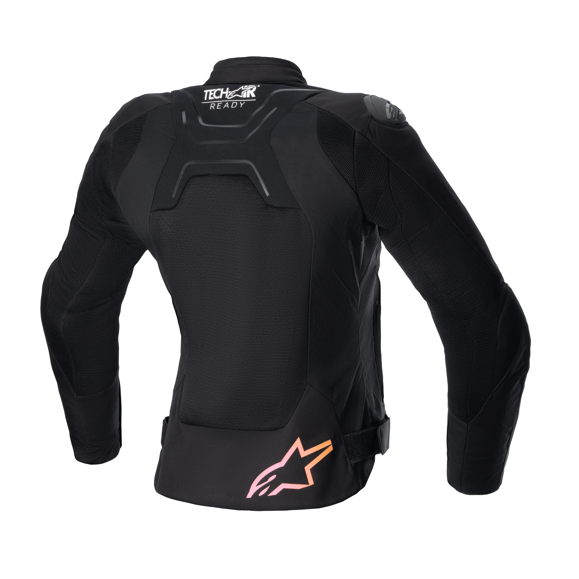 Alpinestars Women Stella SMX Air Jacket, Back view, Black with mesh panels, featuring 'Tech-Air Ready' logo on upper back and pink to orange gradient star logo at the bottom, protective street sport motorcycle jacket