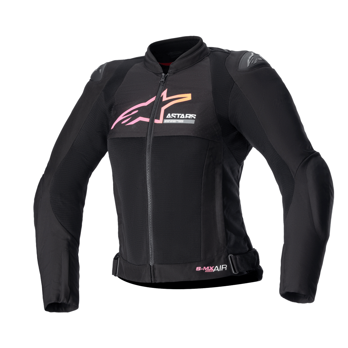 Alpinestars Stella SMX Air Damen-Motorradjacke, Schwarz mit pink-gelbem Farbverlauf-Logo, Vorderansicht mit Mesh-Belüftungseinsätzen, DFS Lite Schulterprotektoren und sportlich-ergonomischem Design