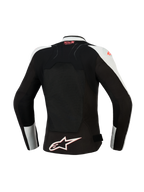 Alpinestars Woman Stella SMX Air Jacket, back view, Ice Gray and Black with Coral Fluo accents, featuring a large ventilated mesh back panel, Tech-Air Ready branding on the upper back, and a white Alpinestars star logo at the hem.