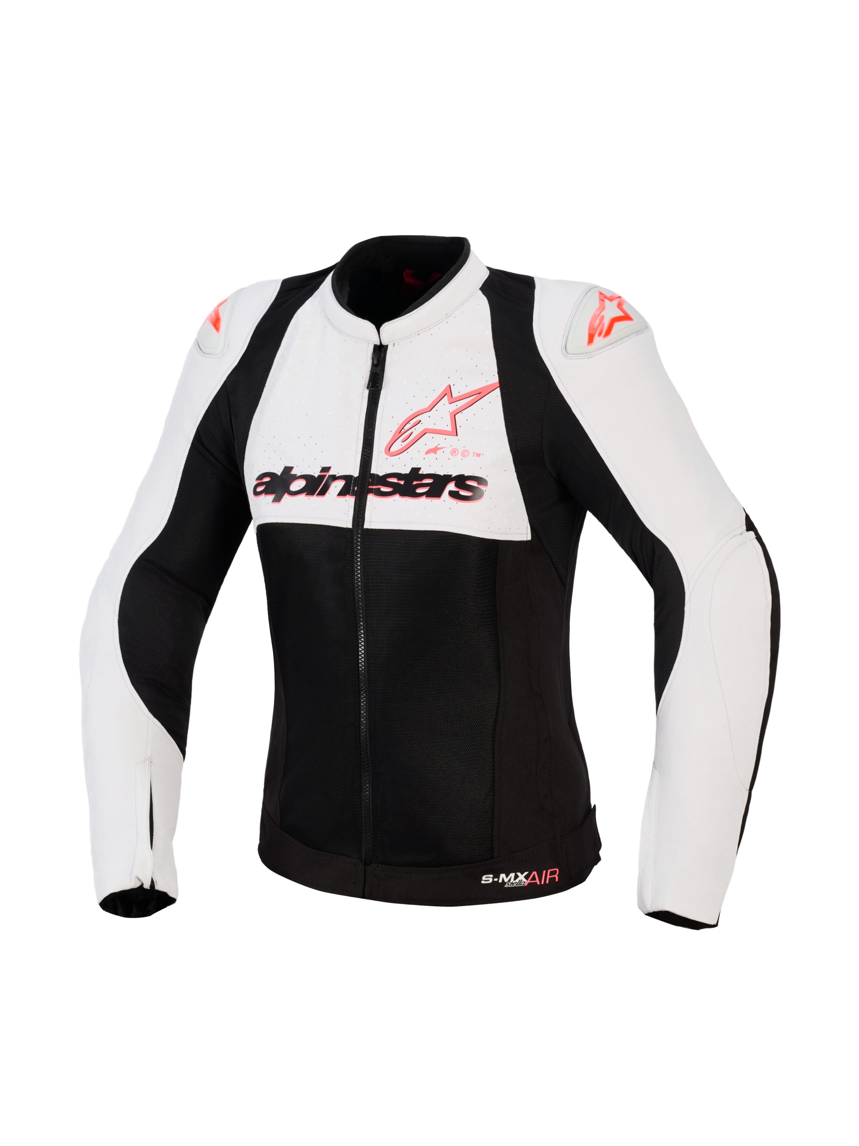 Alpinestars Stella SMX Air Jacket, Women's Motorcycle Jacket, Ice Gray Black and Coral Fluo, front view featuring perforated textile and mesh panels, coral Alpinestars logo on the chest and shoulder sliders