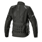 Alpinestars Women's Stella Crosshill WP Air Jacket, Motorcycle Touring Jacket, Black, back view showing large mesh panels for airflow, military-inspired PALS modular webbing on the lower back, and adjustable volume straps on the waist and arms.