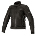 Alpinestars Stella Crosshill WP Air Jacket, Women's Motorcycle Jacket, Black, featuring large tech mesh panels for airflow, adjustable volume straps on sleeves and torso, high collar with front zipper, sleek touring design with subtle branding