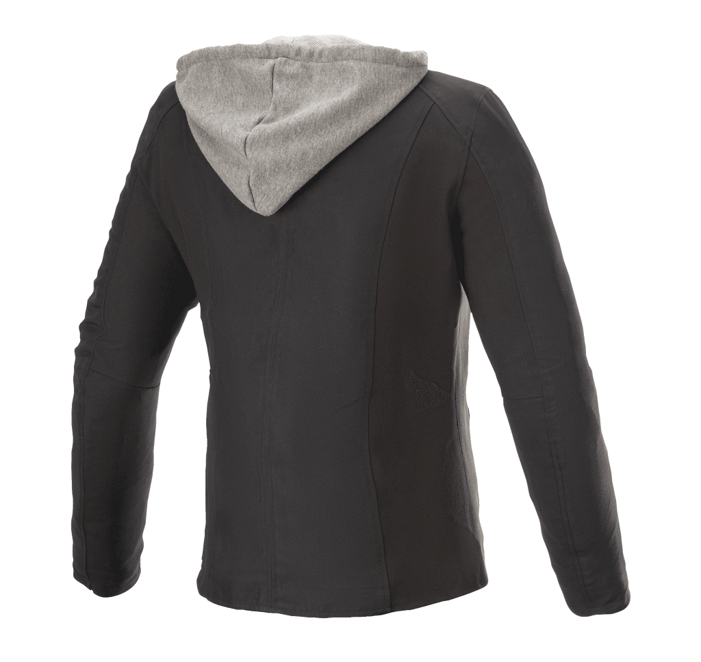 Alpinestars Bond Damenjacke, Urban-Motorradjacke, Schwarz mit grauer Fleece-Kapuze, Rückansicht, sportlicher Schnitt mit gewachstem Textil-Finish