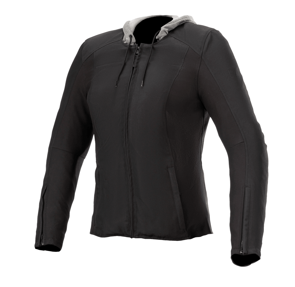 Alpinestars Bond Damen-Jacke, Schwarz mit grauer Kapuze, Urban-Motorradjacke für Damen, Frontreißverschluss, lange Ärmel mit Reißverschlüssen an den Bündchen, taillierte Passform, glattes gewachstes Textilgewebe