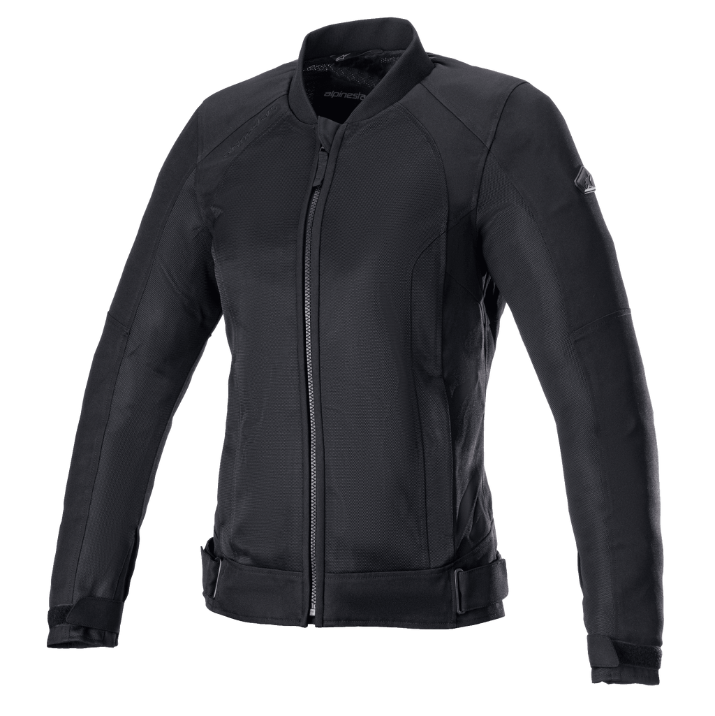 Alpinestars Eloise V2 Women's Air Jacket, Black Motorcycle Jacket, all-black textile and mesh construction, featuring a front zipper, high collar, and adjustable waist straps, sleek design for urban street riding