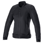 Alpinestars Eloise V2 Women's Air Jacket, Black Motorcycle Jacket, all-black textile and mesh construction, featuring a front zipper, high collar, and adjustable waist straps, sleek design for urban street riding