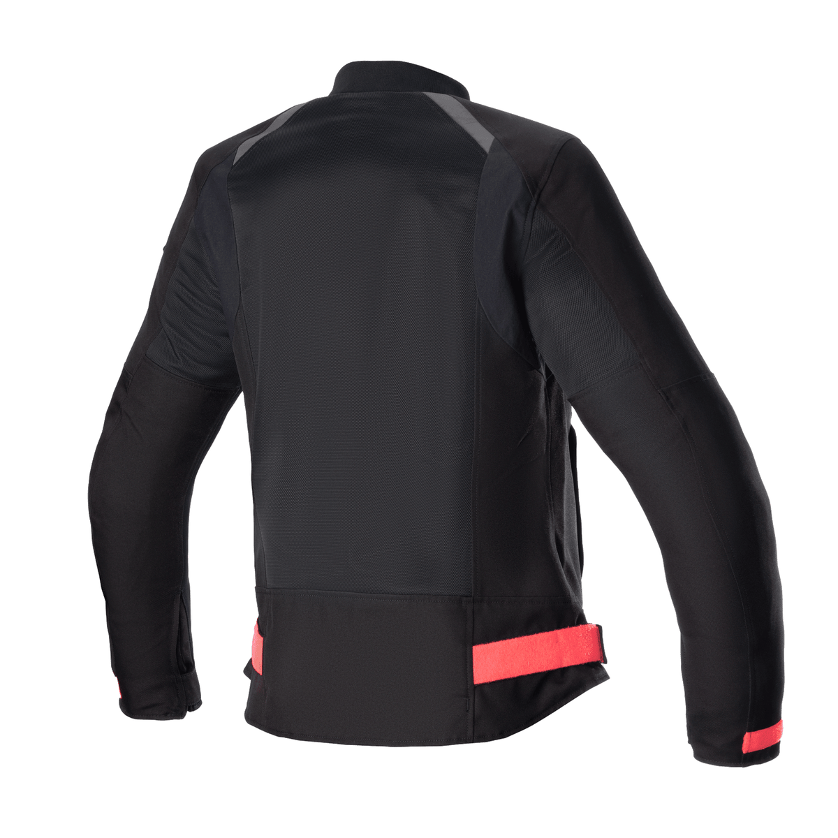 Alpinestars Eloise V2 Damen-Air-Jacke, Motorradjacke für Damen, Schwarz mit Diva Pink Akzenten, Rückansicht mit großflächigen Mesh-Einsätzen für Belüftung, verstellbare pinkfarbene Taillenriemen und verlängertes Rückenprofil für hohen Fahrkomfort