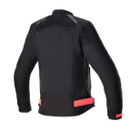 Alpinestars Eloise V2 Damen-Air-Jacke, Motorradjacke für Damen, Schwarz mit Diva Pink Akzenten, Rückansicht mit großflächigen Mesh-Einsätzen für Belüftung, verstellbare pinkfarbene Taillenriemen und verlängertes Rückenprofil für hohen Fahrkomfort