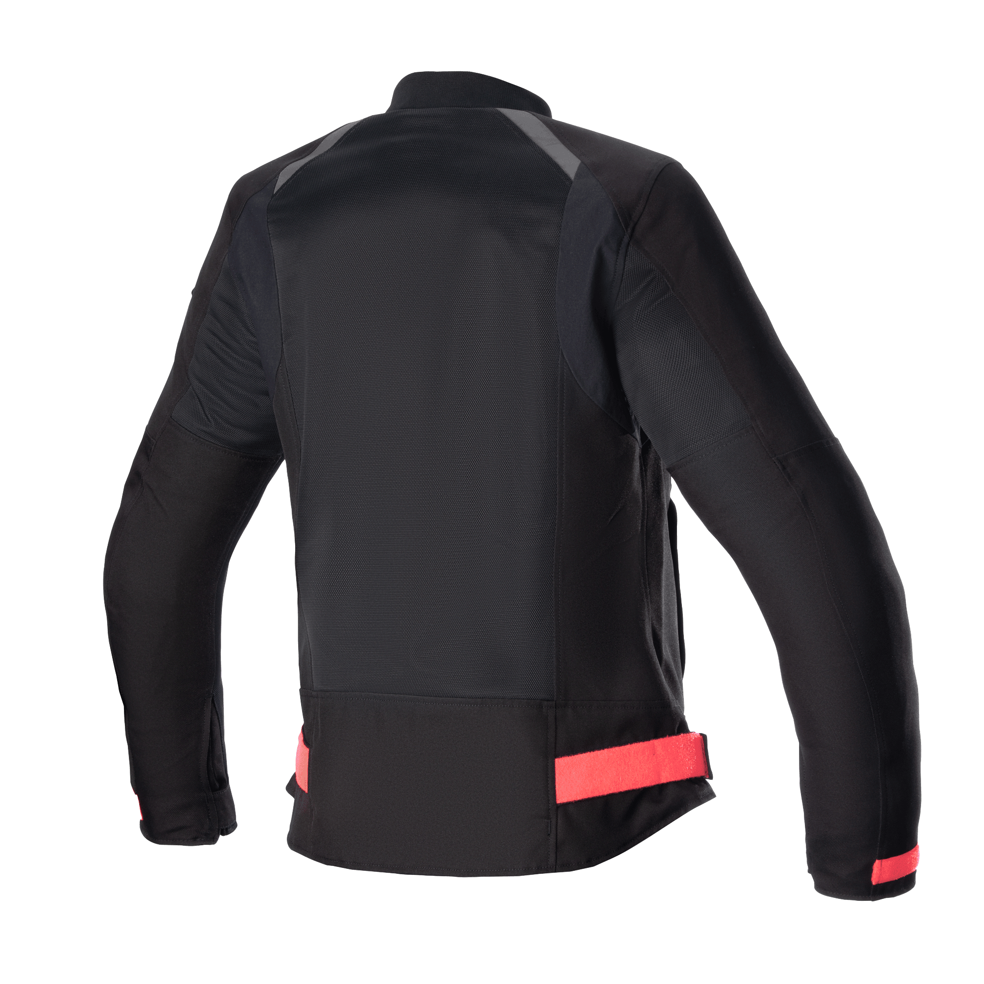 Alpinestars Eloise V2 Damen-Air-Jacke, Motorradjacke für Damen, Schwarz mit Diva Pink Akzenten, Rückansicht mit großflächigen Mesh-Einsätzen für Belüftung, verstellbare pinkfarbene Taillenriemen und verlängertes Rückenprofil für hohen Fahrkomfort