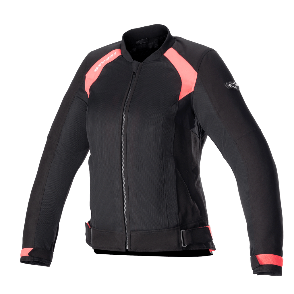 Alpinestars Eloise V2 Damen-Air-Jacke, Schwarz und Diva-Pink, Textil-Motorradjacke im Bomber-Stil, Mesh-Einsätze zur Belüftung, Frontreißverschluss, verstellbare Taillengurte, ergonomische Passform für Fahrerinnen