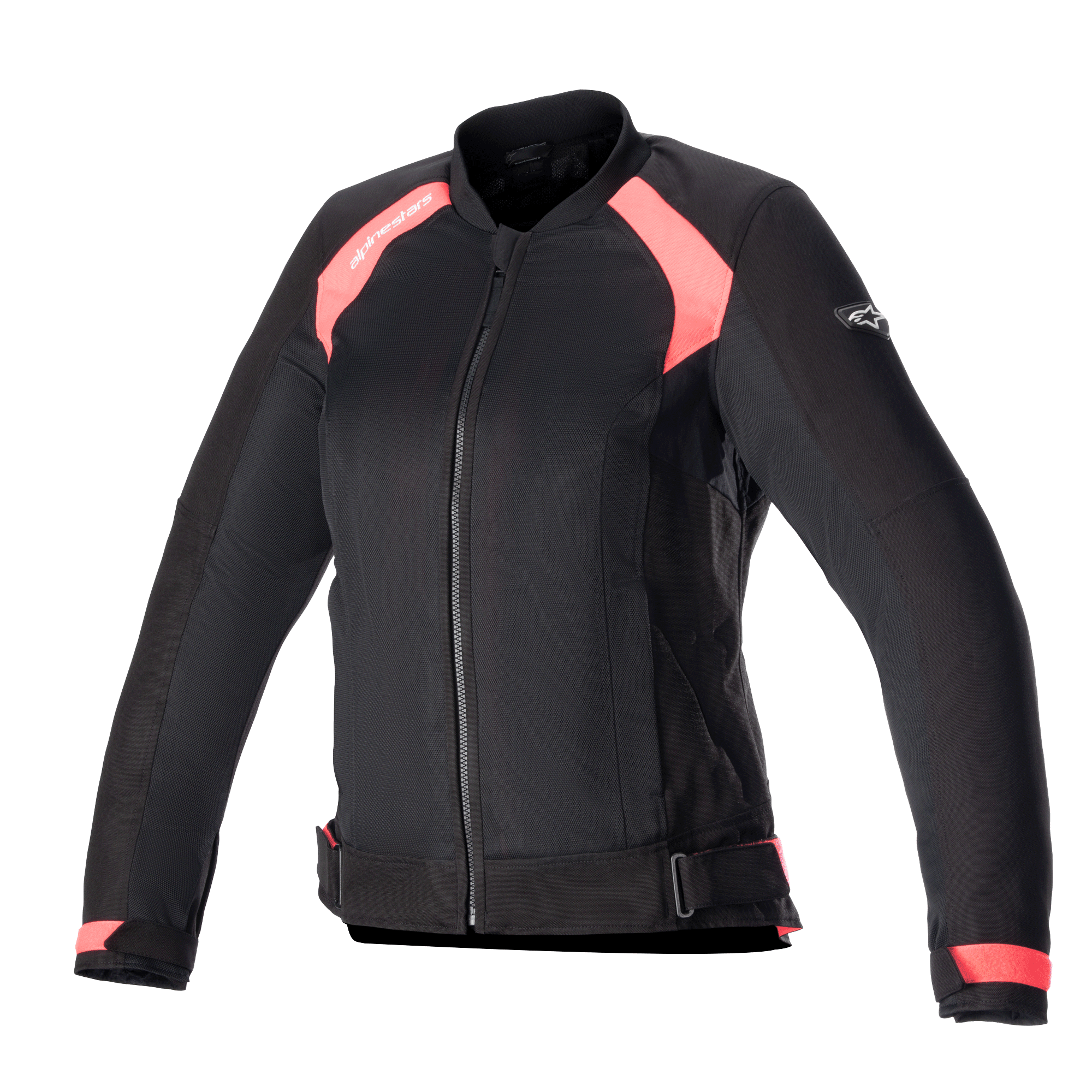 Alpinestars Eloise V2 Damen-Air-Jacke, Schwarz und Diva-Pink, Textil-Motorradjacke im Bomber-Stil, Mesh-Einsätze zur Belüftung, Frontreißverschluss, verstellbare Taillengurte, ergonomische Passform für Fahrerinnen