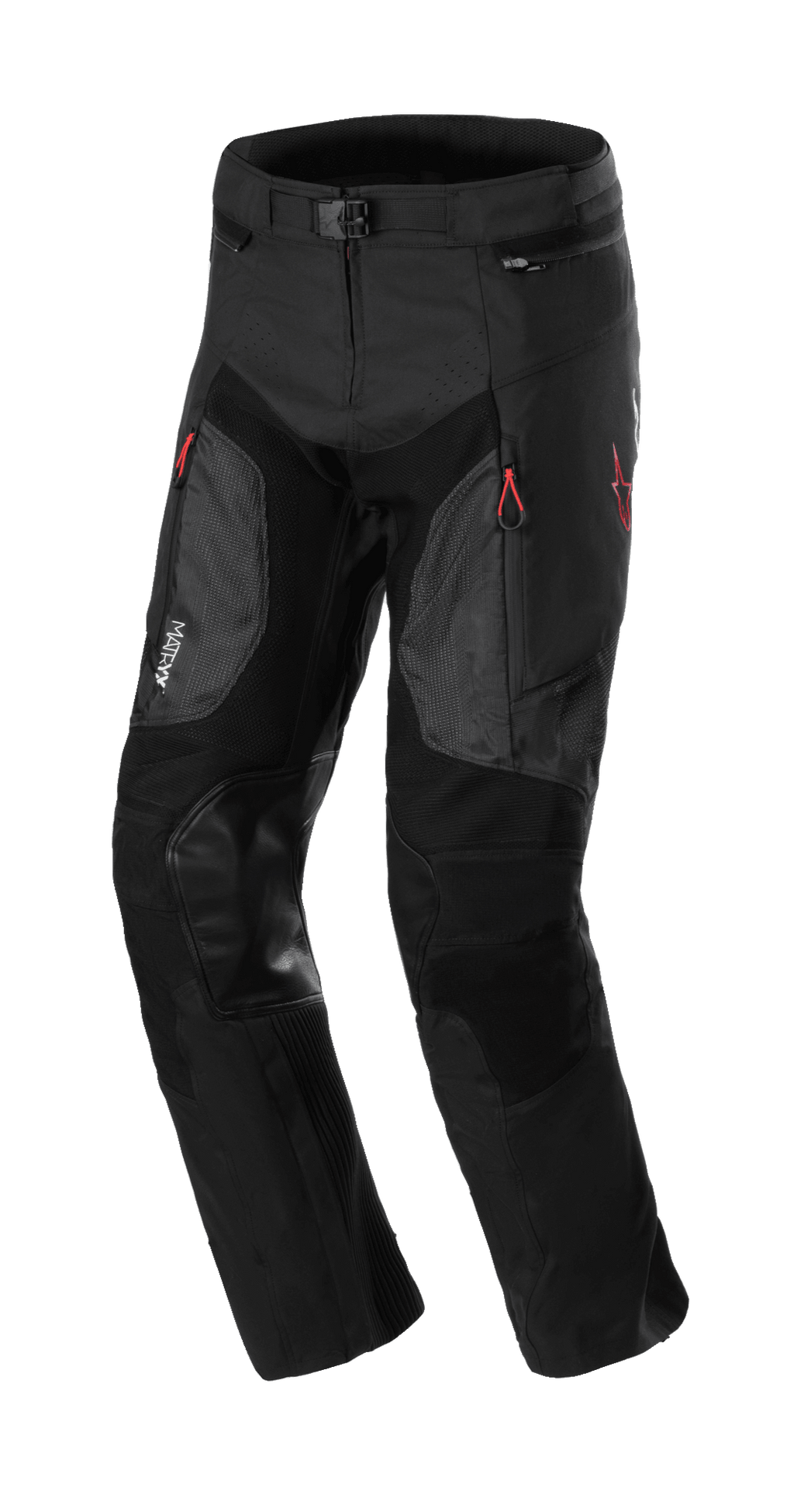 Alpinestars AMT 7 Air Pants, Motorcycle Protective Pants, Black Dark Shadow, featuring MATRYX ventilation panels on the thighs, reinforced leather knee patches, red zipper pulls, and adjustable waistband, durable textile construction for adventure riding