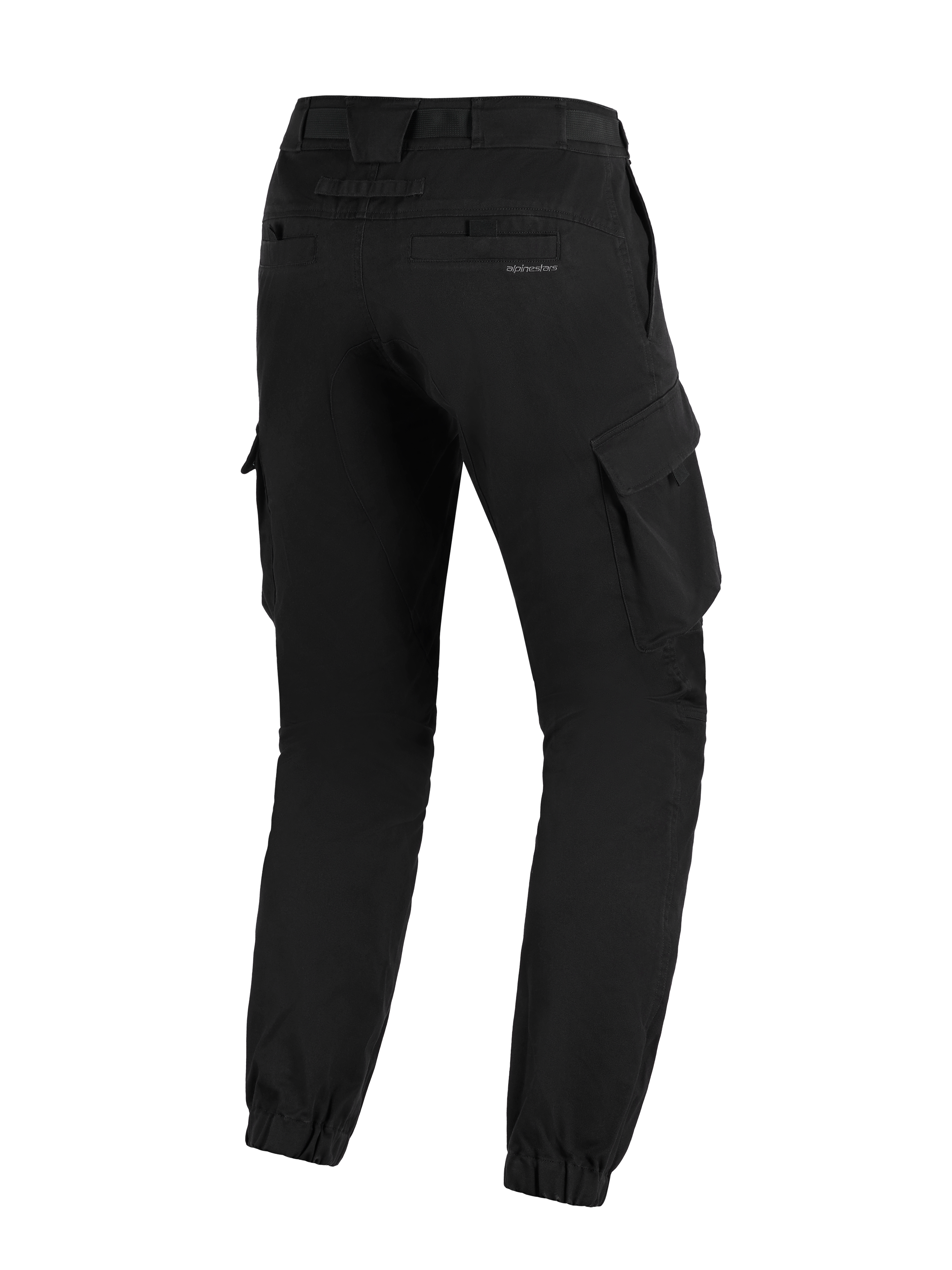 Alpinestars Flex-AST Cargo Pants - Short, Black, back view of urban motorcycle pants featuring a tapered fit, elasticated ankle hems, side cargo pockets, and subtle branding on the back pocket.