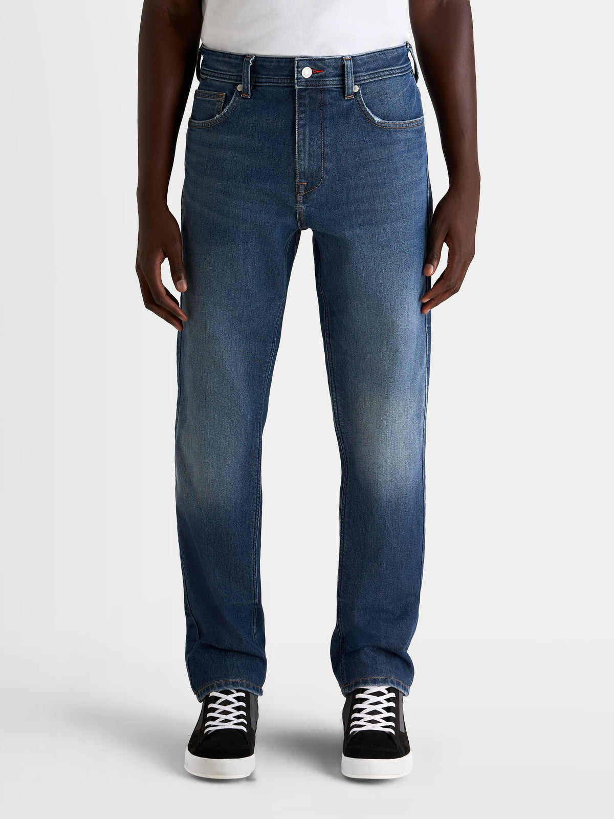 Alpinestars Flex-AST 8 Denim Pants, men's urban motorcycle riding jeans in medium blue, front view on a model wearing casual sneakers, AA-rated single-layer denim with protective features
