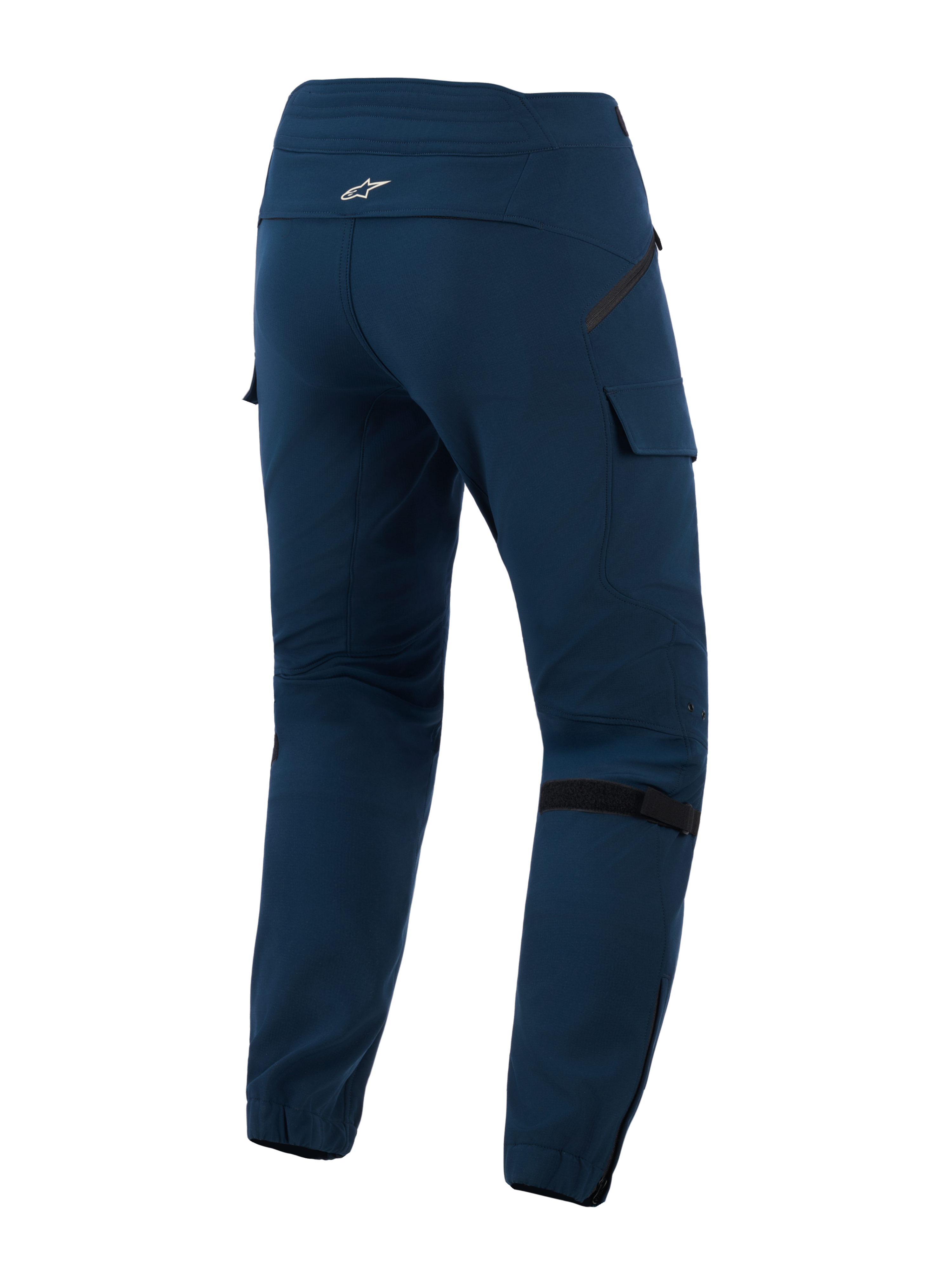 Alpinestars Juggernaut V2 Motorradhose, Night Navy, Rückansicht mit Taschen im Cargo-Stil, verstellbaren Riemen zur Volumenregulierung an den Knien und elastischen Beinabschlüssen mit Reißverschlüssen, technische urbane Textil-Motorradhose