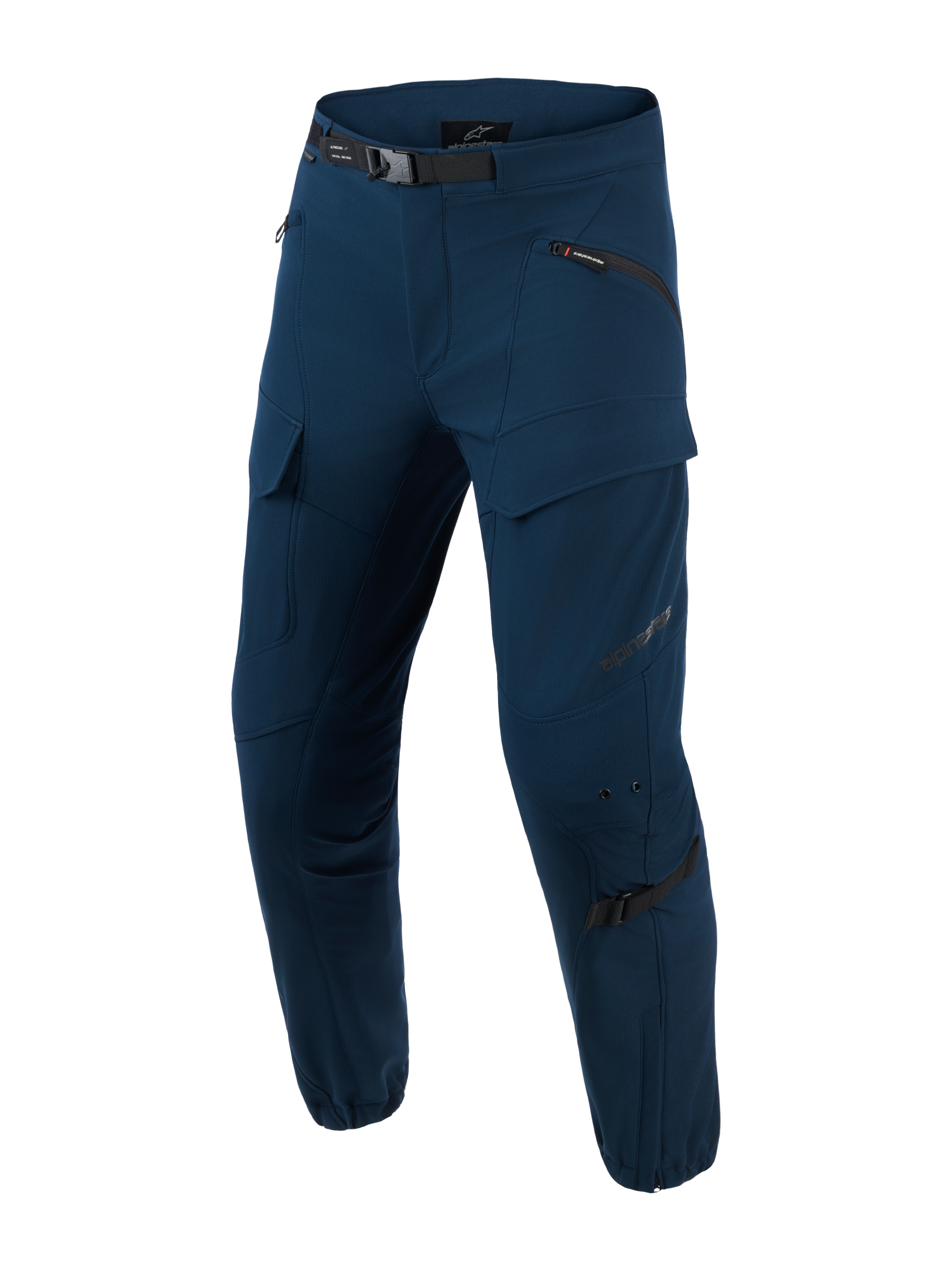 Alpinestars Juggernaut V2 Riding Pants, Urbane Motorradhose, Night Navy, dunkelblaue technische Motorradhose mit mehreren Reißverschlusstaschen, verstellbarer schwarzer Taillengürtel, verstärkte Kniebereiche mit Verstellriemen, Slim-Fit-Design mit Reißverschlüssen an den Beinabschlüssen, Softshell-Ripstop-Gewebe für urbanes Pendeln