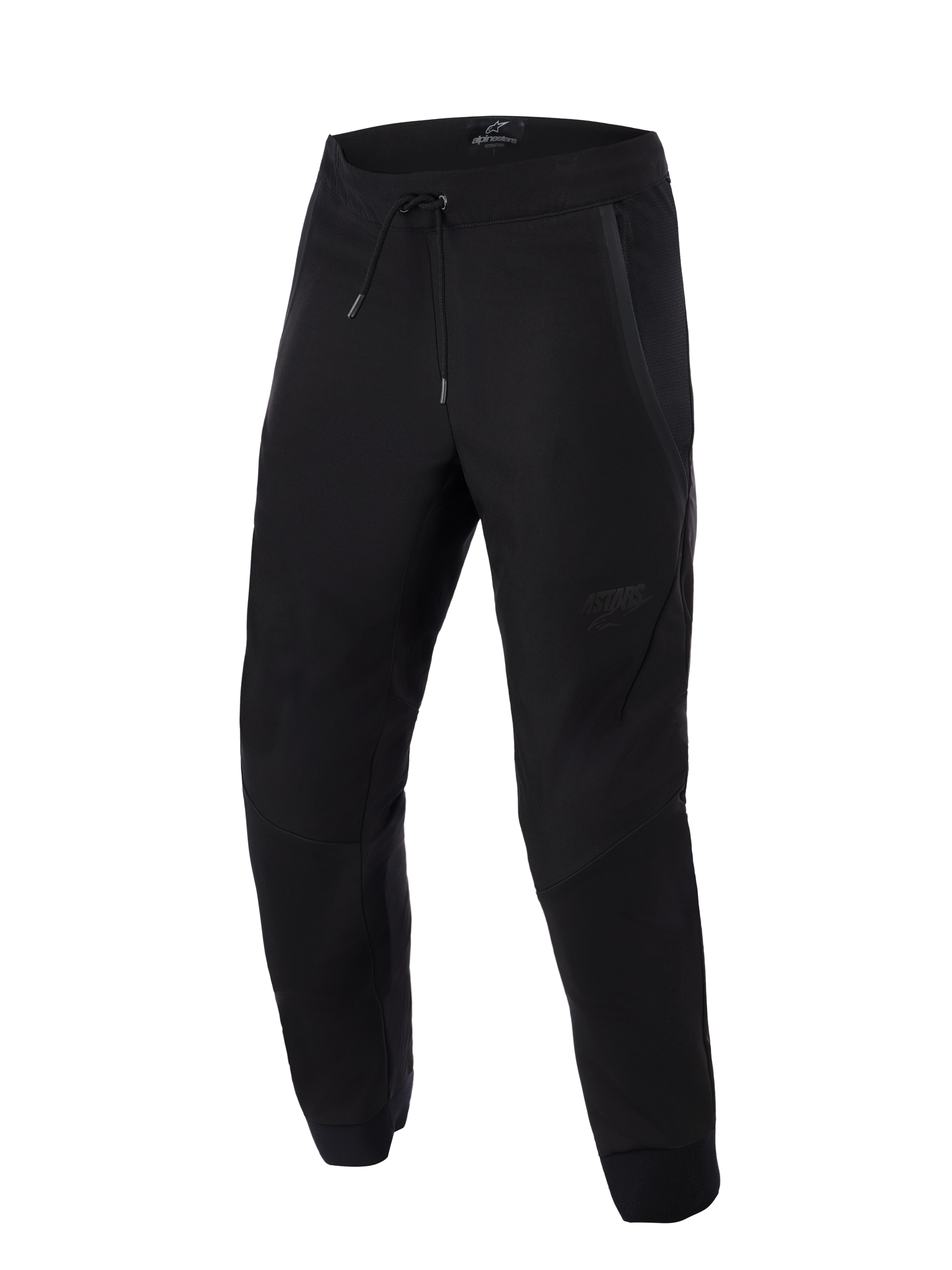 Alpinestars Aeroshell Airflow Pants, Black, lightweight sport and touring motorcycle pants, featuring extensive mesh panels for ventilation, elastic drawstring waistband, pre-curved legs, and subtle tonal logo on the thigh.