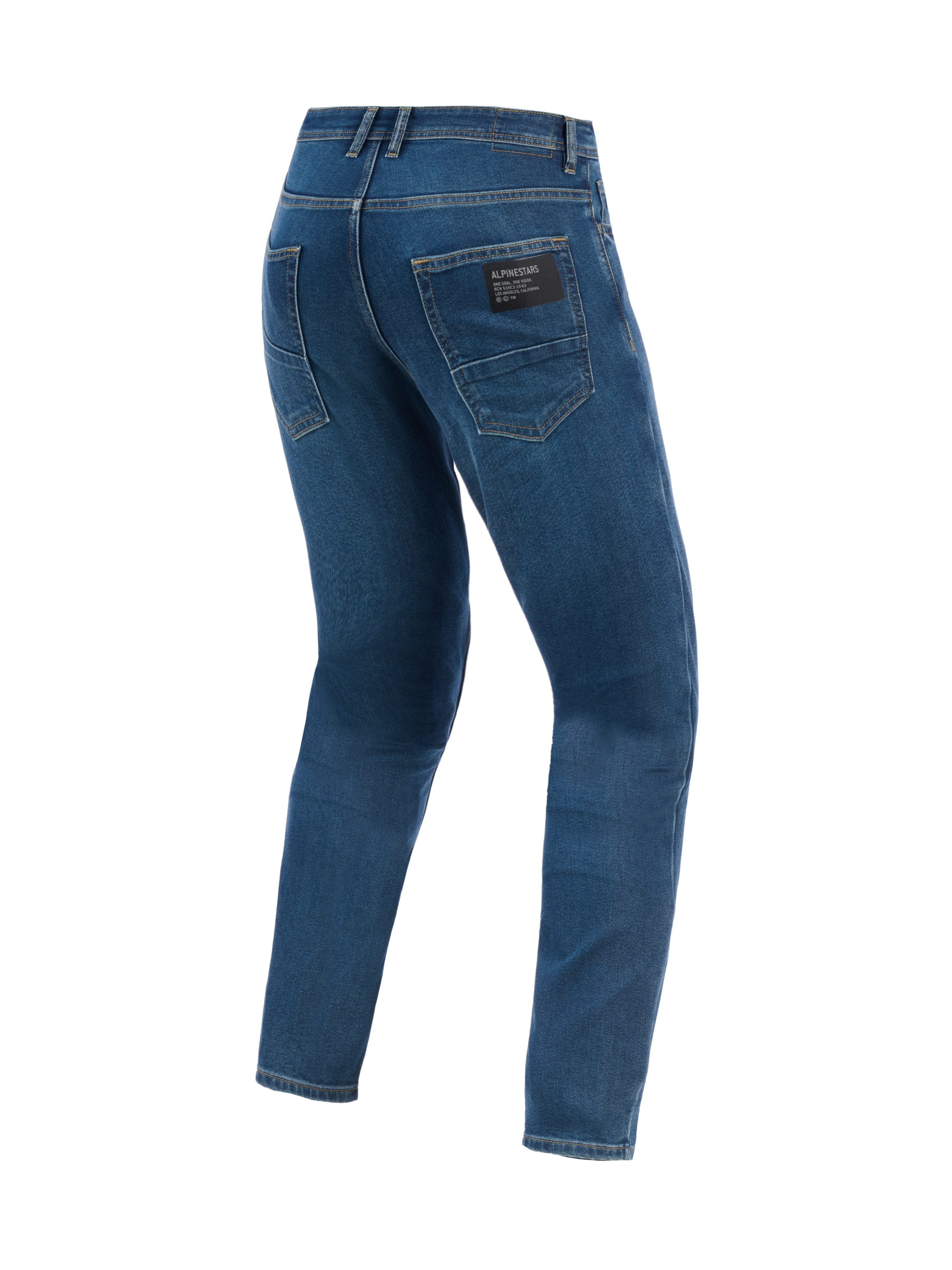 Alpinestars Flex-AST 5 Denim Pants, Urban Motorcycle Pants, Indigo Washed blue, rear view showing tapered fit and back pockets with black Alpinestars branding patch