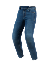 Alpinestars Flex-AST 5 Denim-Hose – Kurz, indigoblaue gewaschene Motorradjeans, konische Passform mit vorgekrümmten Beinen, urbaner Fahrstil mit sauberem Denim-Finish, verstärkte Nähte und lässiges Five-Pocket-Design.