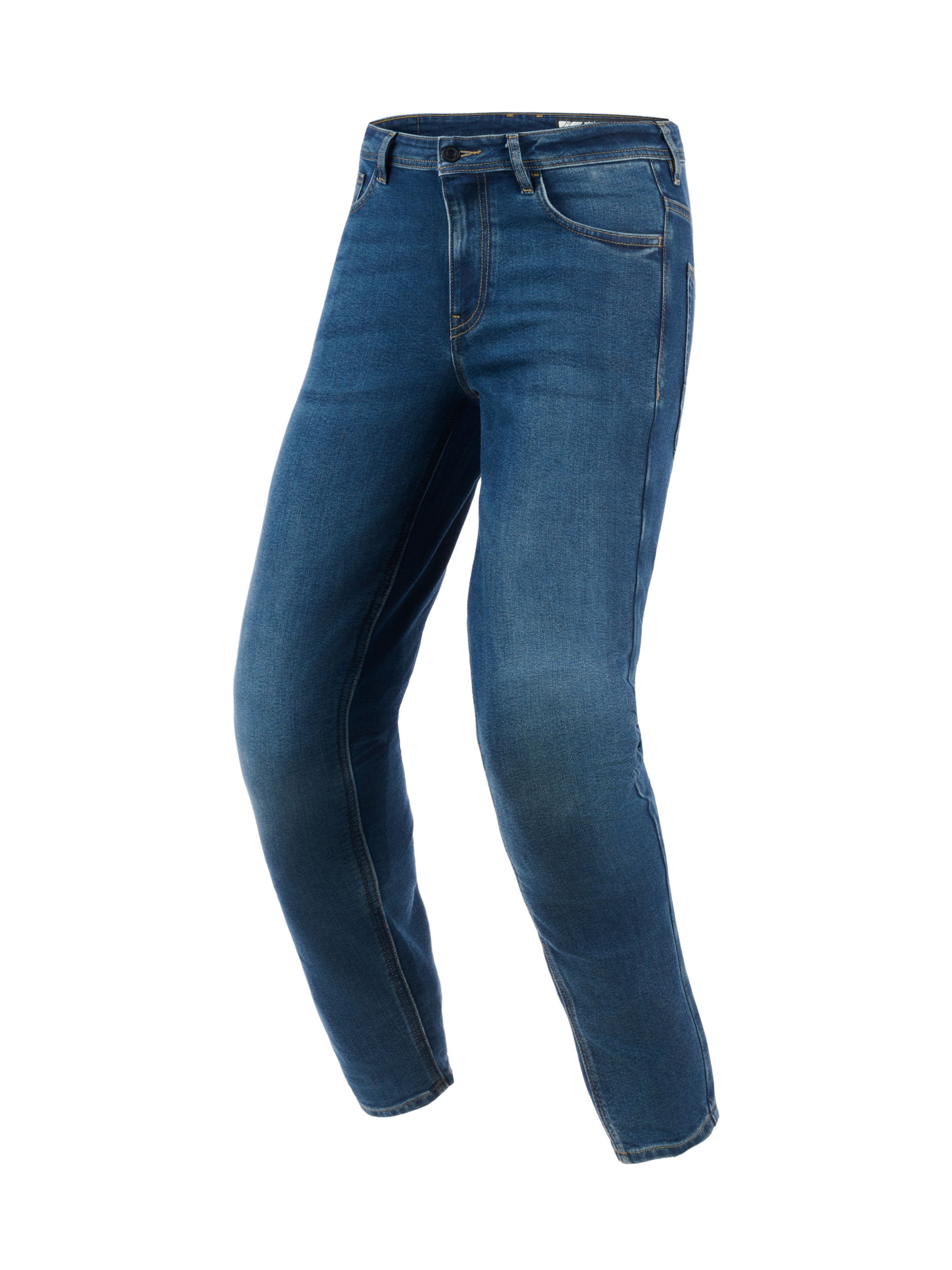 Alpinestars Flex-AST 5 Denim-Hose – Kurz, indigoblaue gewaschene Motorradjeans, konische Passform mit vorgekrümmten Beinen, urbaner Fahrstil mit sauberem Denim-Finish, verstärkte Nähte und lässiges Five-Pocket-Design.