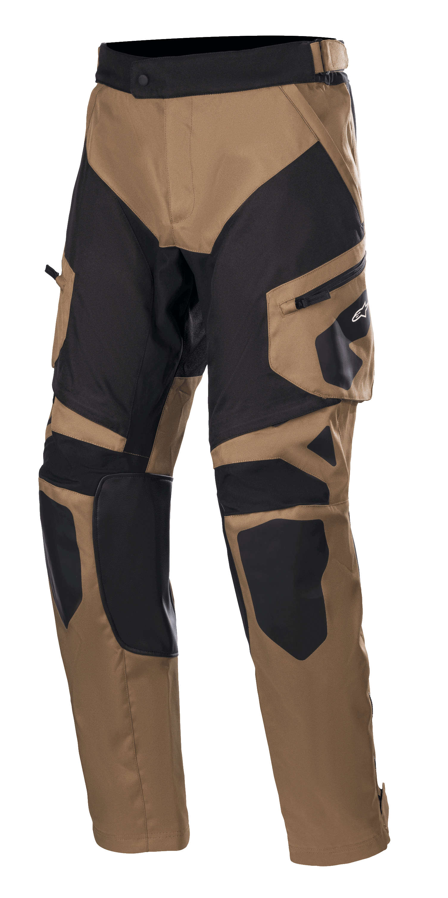 Alpinestars Venture XT Pants Over Boot, Adventure Touring Motorcycle Pants, Camel and Black, featuring reinforced knee and thigh panels, side cargo pocket with Alpinestars logo, and adjustable waist strap.