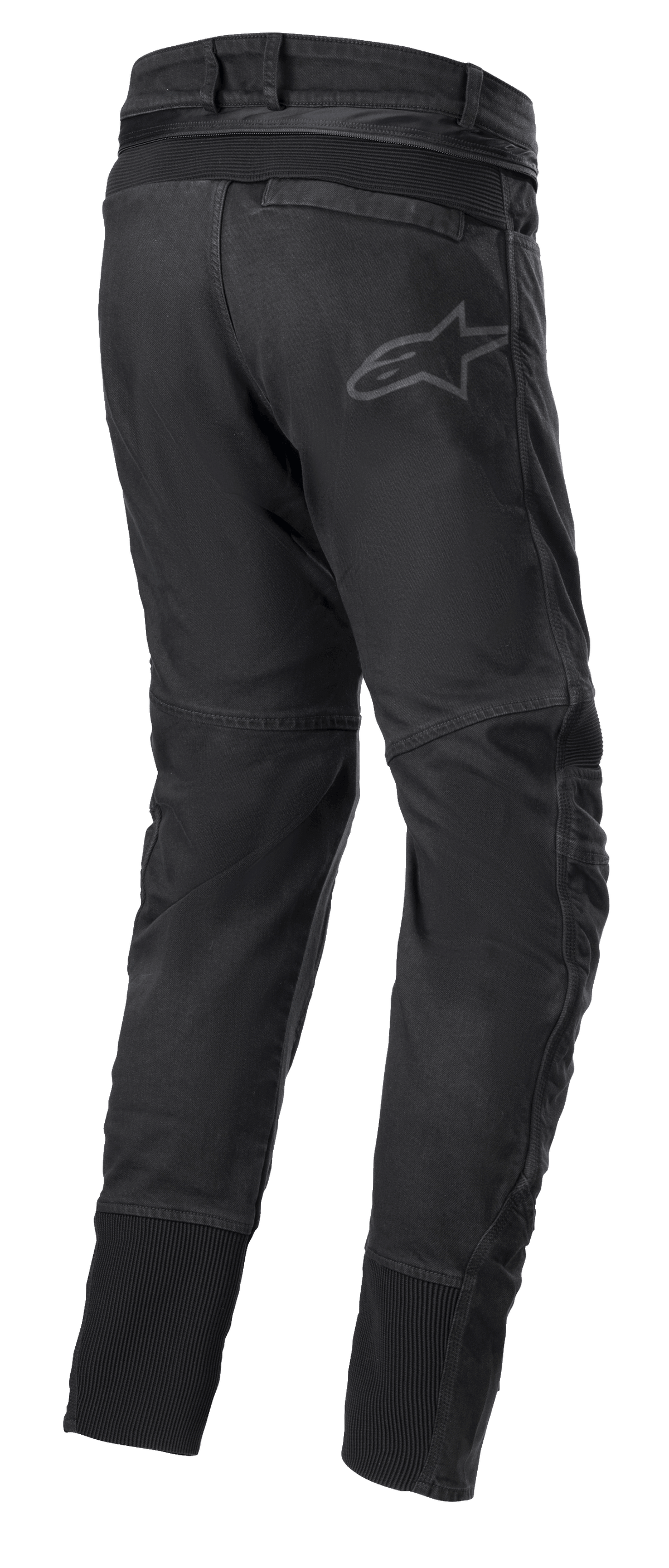 Alpinestars SP Pro Hose, technische Motorrad-Sporthose in Schwarz, Rückansicht mit Verbindungsreißverschluss an der Taille, RIDEKNIT Stretcheinsätze an der Rückenpasse und den Waden, dezentes Logo-Branding.