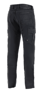 Alpinestars Barton Riding Cargo Hose, schwarze Motorradhose, Rückansicht mit seitlicher Cargotasche, Gesäßtaschen mit Spiral-Logo-Detail, Oscar by Alpinestars Branding am Bund, lässiger Strickstoff im Denim-Stil